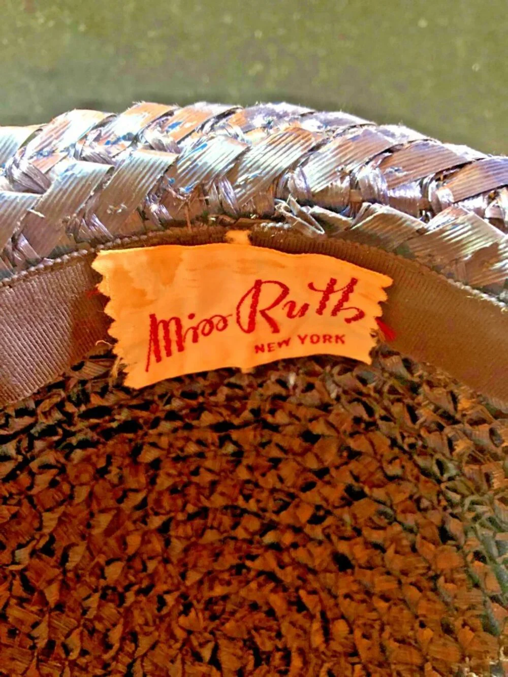 Vtg 50/60s Miss Ruth New York Navy Straw Wide Brim Kentucky Derby Garden Party